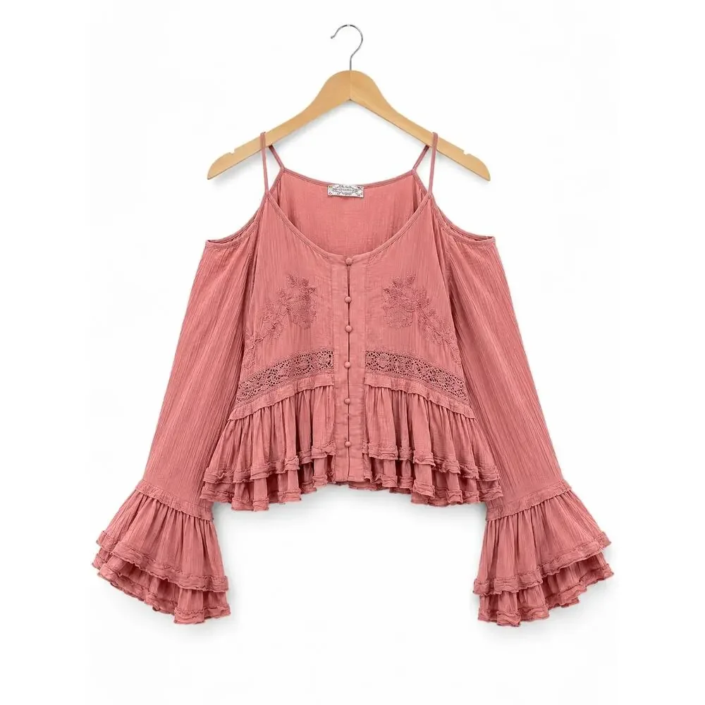 Free People Pink Embroidered Cold Shoulder Ruffle Peasant Top Boho Romantic S